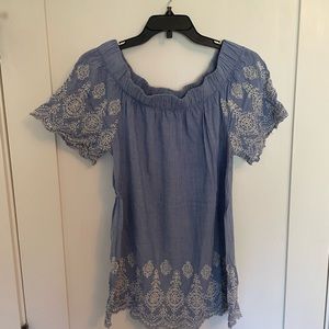 Pleione denim embroidery off the shoulder shirt